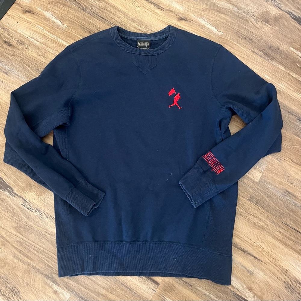 Mens baseballism flag man badge big logo crew neck sweatshirt sz M blue